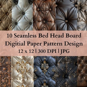 May include: Ten seamless digital paper patterns featuring different designs of tufted upholstery with ornate details. The patterns are 12 inches by 12 inches and 300 DPI in JPG format.