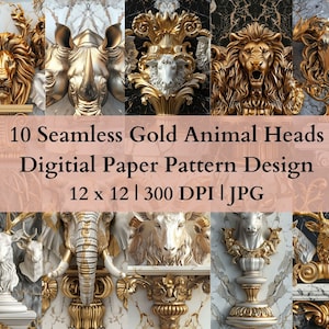 10 Seamless Gold Animal Heads Digital Transfer Paper, Adjustable Repeating Print Pattern Graphic Vector Design High Res Art Texture Template