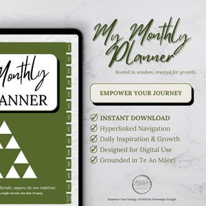 以下が含まれることがあります： 緑と白のカラーリングのデジタルプランナー。プランナーのタイトルは「My Monthly Planner」で、三角形のデザインが特徴です。「Rooted in wisdom, created for growth.」というテキストも含まれています。このプランナーはデジタルでの使用を目的としており、ハイパーリンクされたナビゲーション、毎日のインスピレーション、成長が含まれています。