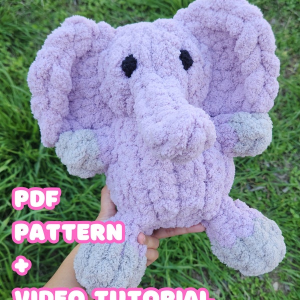 Fingerknit Chunky Elephant Plushie Pattern with Video Tutorial Elephant Amigurumi Plushie