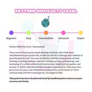 May include: A chart showing different knitting pattern difficulty levels, from beginner to expert. The chart is illustrated with colored circles and a ball of yarn. The text reads "Pattern Difficulty Level: Intermediate".