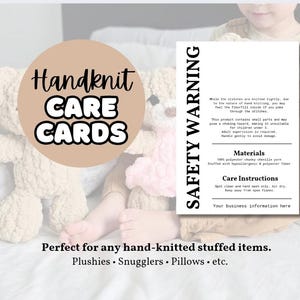 Afdrukbare handgebreide veiligheidswaarschuwingstags voor dikke handgebreide fingerknit knuffels Snugglers-kussens of andere gevulde handgebreide items