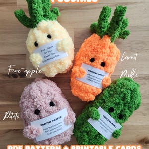Handgebreid patroon met emotionele ondersteuning knuffels + videotutorial Positive Potato Fine-Apple Positive Carrot Positive Augurk met afdrukbare kaarten