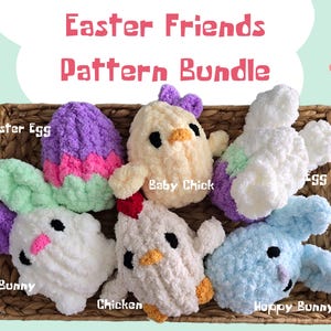 May include: A set of six crochet amigurumi patterns for Easter-themed toys, including a chick, bunny, and egg. The patterns are displayed with the finished crocheted toys.