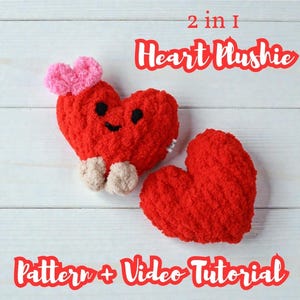 May include: Two red heart-shaped plushies, one with a pink heart and beige feet, and the other plain. The text "2 in 1 Heart Plushie" and "Pattern + Video Tutorial" are displayed in red and white.