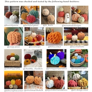 Puede incluir: Una colecci&oacute;n de calabazas tejidas a mano en varios colores, incluyendo naranja, blanco, verde y rojo. La imagen incluye el texto que dice "Este patr&oacute;n fue revisado y probado por los siguientes tejedores a mano:" y "&iexcl;Mi campo de calabazas acaba de empezar!!!"