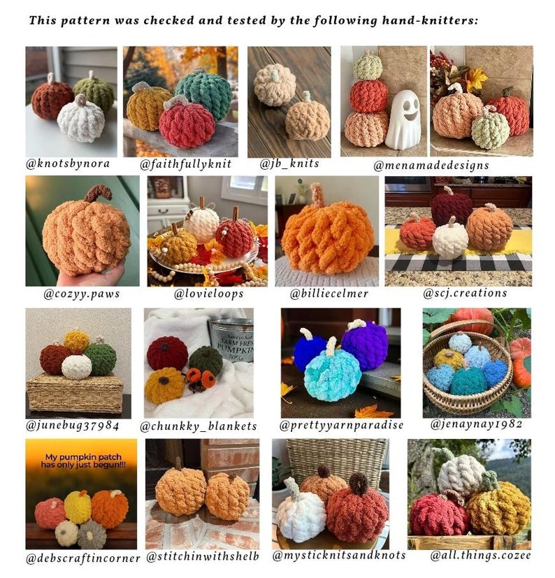 Puede incluir: Una colecci&oacute;n de calabazas tejidas a mano en varios colores, incluyendo naranja, blanco, verde y rojo. La imagen incluye el texto que dice "Este patr&oacute;n fue revisado y probado por los siguientes tejedores a mano:" y "&iexcl;Mi campo de calabazas acaba de empezar!!!"