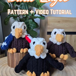 May include: Three handmade crochet bald eagles with white heads, orange beaks, and black or brown bodies. One eagle has blue and white wing details. The text "Bald Eagle Pattern + Video Tutorial" is visible. Designed by Chunky Knit Corner.
