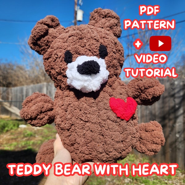 Fingerknit Teddy Bear With Heart PDF Pattern with Video Tutorial | Bear Amigurumi Pattern | Teddy Bear Stuffed Toy | Bear Crochet | Gift
