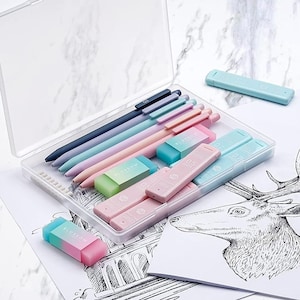 Cute Mechanical Pencil Set, 6PCS Pastel Pencils 0.5mm & 0.7mm Pencil Lead, 3PCS Erasers and 9PCS Eraser Refill, Aesthetic Mechanical Pencils