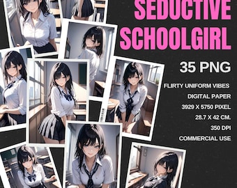 Anime Schoolgirl Digital Paper Pack: 35 Flirty PNG Images (Digital Download)