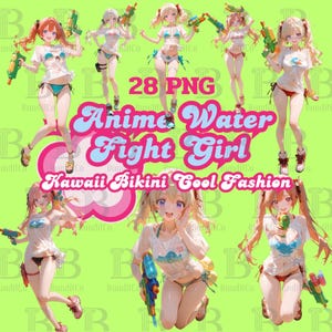 Sexy Anime Water Fight Girl | Kawaii Bikini Cool Fashion, 28 png, Instant Download Digital Paper, High-Resolution 300 DPI, Sublimation