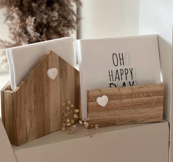 Serviettenhalter Holz Hochzeit Herz – Rustikale Tischdeko Eichenholz, Handgemacht, Geschenk zur Trauung, Geburtstag, Jubiläum