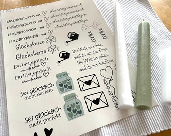 PDF-afdruksjabloon geluksberichten - kaarsdiafilm, waterdiafilm, transferfilm, kaarsstickers, maak je eigen kaarstatoeages