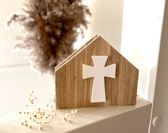 Serviettenhalter Eichenholz mit weißem Kreuz – Konfirmation & Kommunion – Tischdeko für Taufe, religiöse Anlässe / Geschenk / Organizer