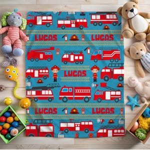Personalized Fire Truck Blanket for Kids - Custom Name Blanket - Baby Boy Blanket - Fire Truck Design - Unique Gift for Toddlers and Kids