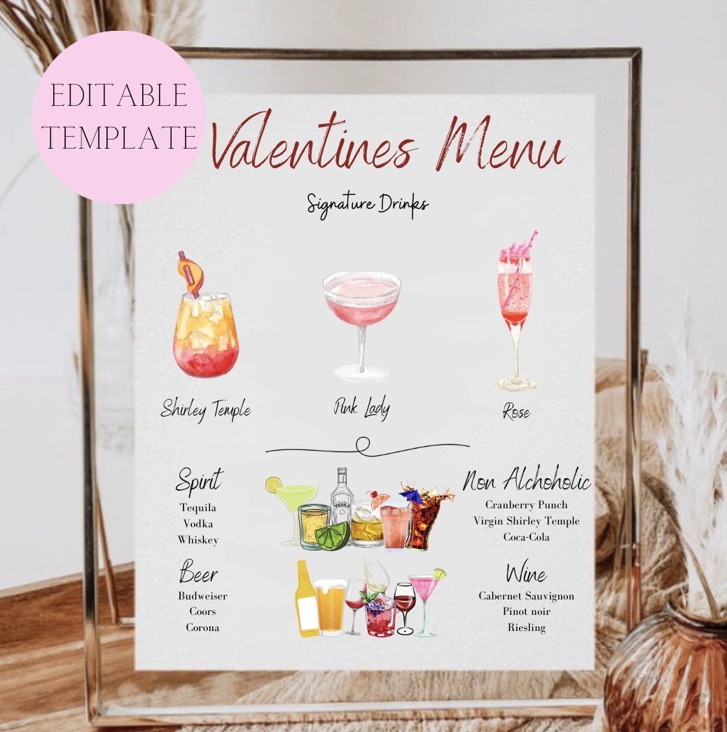 Modèle de menu de bar à boisson signature Saint-Valentin, carte de boisson Saint-Valentin, boissons de fête Saint-Valentin imprimable, signe de boisso