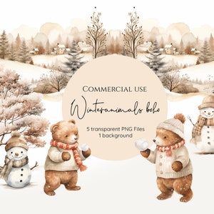 May include: Watercolour illustration of two brown bears wearing winter clothes and hats, throwing snowballs at each other. A snowman stands in the background. The illustration is set against a snowy landscape with trees and houses in the distance. The text "COMMERCIAL USE Winteranimals boho 5 transparent PNG Files 1 background" is written on a peach-coloured circle.