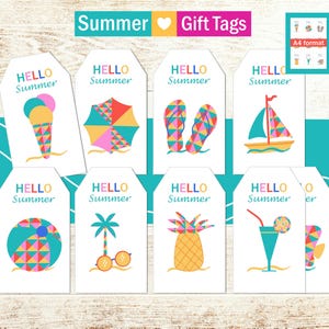 Cadeaulabels Zomervakantie. Vrolijk en zomers. Laatste schooldag. Bedankt set wenskaartjes voor juf en meester. PDF. Afdrukken op A4 Formaat