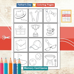 Kleurplaten Vaderdag. DIY cadeau voor papa. Set afdrukbare Memory kaartjes. Gezellig Vaderdagspel. Kleuren en spelen. VS briefformaat. PDF