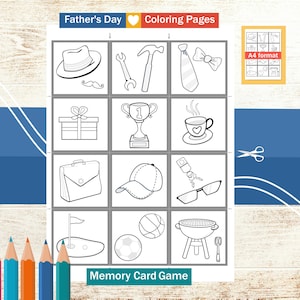 Kleurplaten Vaderdag. DIY cadeau voor papa. Set afdrukbare Memory kaartjes. Gezellig Vaderdagspel. Knip, kleur en speel.  A4 formaat. PDF