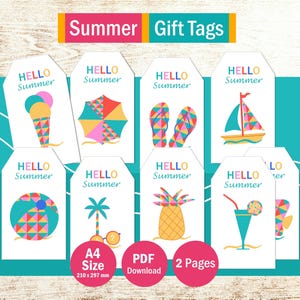 Tarjetas de regalo de verano. Paquete de etiquetas coloridas para vacaciones en la playa. Imprime imágenes de manualidades alegres para tu álbum de recortes de viajes. PDF en formato A4.