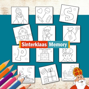 Sinterklaas kleurplaat en sinterklaasspelletje. Memory spelkaartjes voor kinderen Creatieve en sociale ontwikkeling. Kleurpagina 5 december