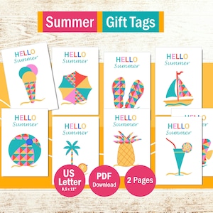 Tarjetas de regalo de verano. Paquete de etiquetas coloridas para vacaciones en la playa. Colección de imágenes imprimibles para manualidades de viaje. PDF en tamaño Carta (EE. UU.).