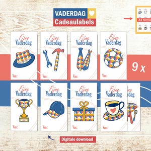 Étiquettes cadeaux imprimables pour la fête des pères, carte pour la fête des pères. Cadeau de décoration pour papa. Texte en néerlandais.  Décoration et stickers, loisirs du père. PDF