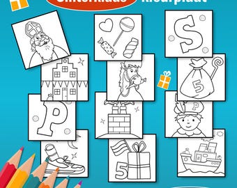 May include: A Sinterklaas coloring sheet featuring multiple square panels with black and white line drawings of a figure, a horse, a boat, a gift, a shoe, and letters. The text Sinterklaas kleurplaat and direct te downloaden are visible.
