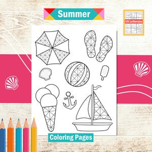 Dibujos para colorear, manualidades y colorear de verano. Set de dibujos imprimibles para crear un álbum de recortes de viajes. Vacaciones de sol, mar y playa. Tamaño carta (EE. UU.).