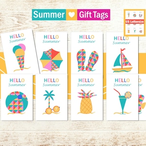 Etiquetas de regalo para vacaciones de verano. Feliz y veraniego. Último día de clases. Tarjeta de agradecimiento para el profesor. PDF. Impresión en tamaño carta.