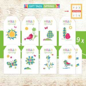 Satz Frühlingsgeschenketiketten, zu Hause ausdrucken. Lettersize-Format. Bedruckbare Bastelkarten, Stickerbogen. Scrapbooking-Vögel, Schmetterlinge und Blumen.