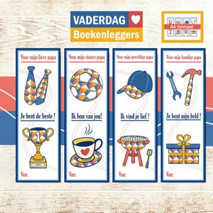 Vaderdag boekenlegger, vaderdagkaart. Afdrukbare bladwijzer, boekcadeau voor vader, papa. Decoratie, versiering. Taal Nederlands. PDF, JPEG.