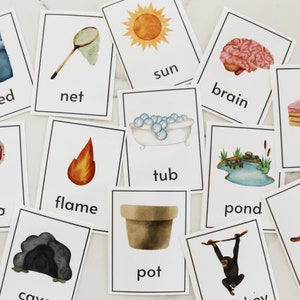 May include: A collection of flashcards with watercolor illustrations and corresponding words. Images include a bed, net, sun, brain, cake, stop sign, flame, tub, pond, cave, pot, monkey, and a dog. Each card has a white border.