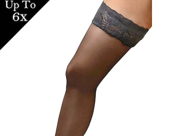 Angelique Women's Plus Size Hosiery | Black Nylon Sheers | Lace Top Stay Up Silicone Thigh High Stockings | Over the Knee Socks