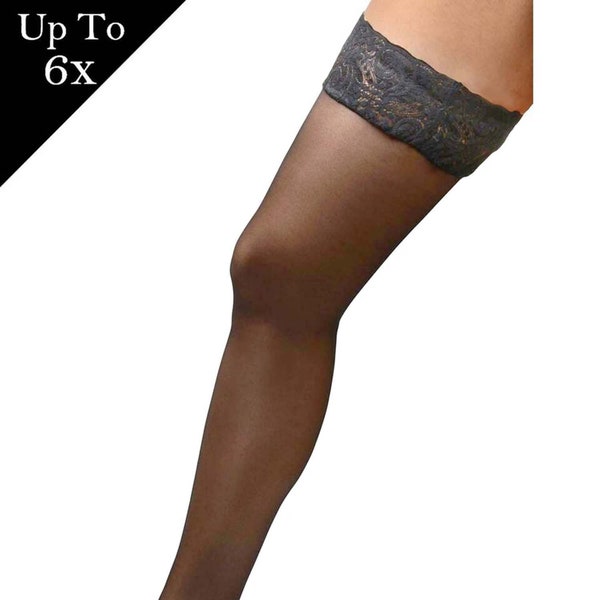 Angelique Women's Plus Size Hosiery | Black Nylon Sheers | Lace Top Stay Up Silicone Thigh High Stockings | Over the Knee Socks