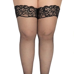 Angelique Women&#39;s Plus Size Hosiery Black Fishnet Lace Top Stay Up Silicone Thigh High Stockings and Over the Knee Thigh High Socks