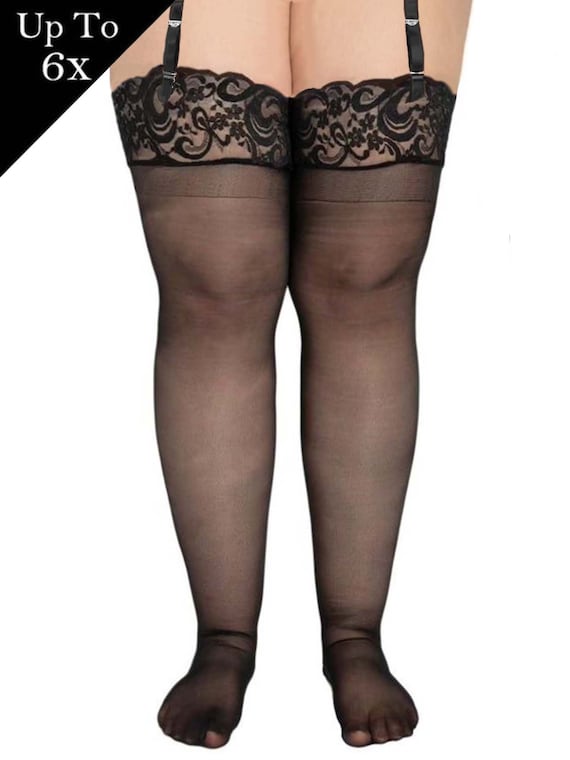 Angelique Women's Plus Size Hosiery | Sheer Lace Top Black Thigh High  Stockings for Garter Belts | Over the Knee Socks | Sheer Nylons