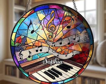 Attrape-soleil musical personnalisé, décoration de fenêtre de piano en vitrail, cadeau pour mélomane