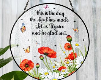 Personalized Christian Suncatcher, Floral Bible Verse Window Hanging, Inspirational Faith Ornament