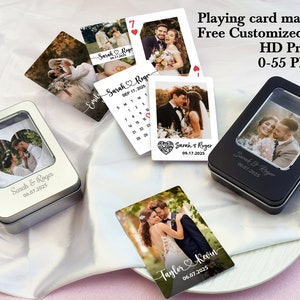 May include: A set of custom playing cards featuring wedding photos, displayed with two metal boxes and individual cards. The cards and boxes have photos of couples, dates, and names. The text on the cards and boxes includes names and dates.
