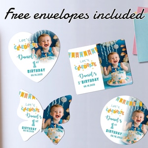 May include: Set of four personalised magnets featuring a baby boy in different shapes, including a heart, butterfly, rectangle and circle. The magnets feature a blue and yellow colour scheme with the text "Let's Celebrate Daniel's 1st Birthday 08.16.2025".