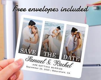 May include: Save the date magnet with three photos of a couple on a beach. The text reads "Save the Date, Samuel & Rachel, Are Getting Married, September 25, 2025 | Bakersfield, CA".