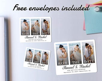May include: Three-panel save the date magnet with a white background and black text. The magnet features three photos of a couple on a beach. The text reads "Save the Date" and "Samuel & Rachel are getting married" with the date and location below.