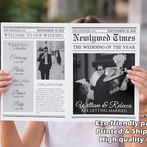 May include: A wedding announcement designed as a newspaper. The headline reads "Newlywed Times" and "Welcome to Our Wedding." The announcement includes photos, a timeline, and the names William & Rebecca. The text "Eco-friendly paper, Printed & Shipped, High quality ink" is also visible.