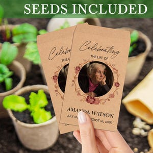 May include: A brown paper packet with a floral design and a photo of a woman. The packet has the text "Celebrating the Life of Amanda Watson July 16, August 10, 20XX".