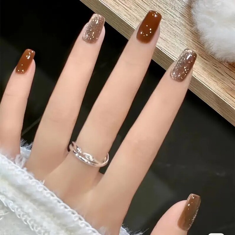 Caramel Coffee Brown Cat Eye Press on Nails, Chic Reflective Glitter Press on Fake Nails, Medium