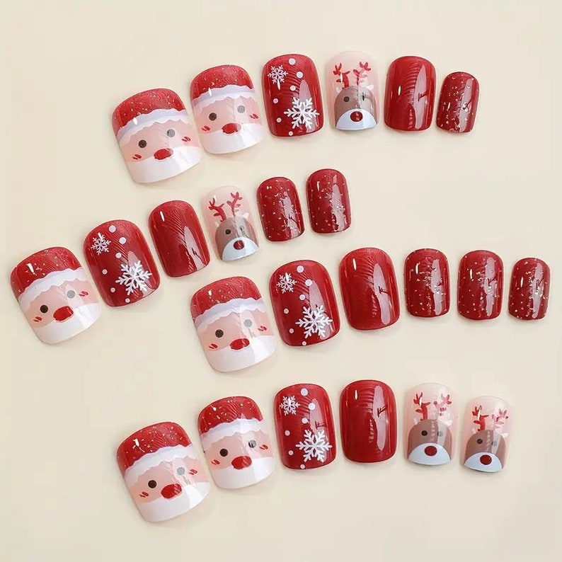 Christmas Press on Nails Cute Santa Design, Short Square Removable Reusable Press on Manicure