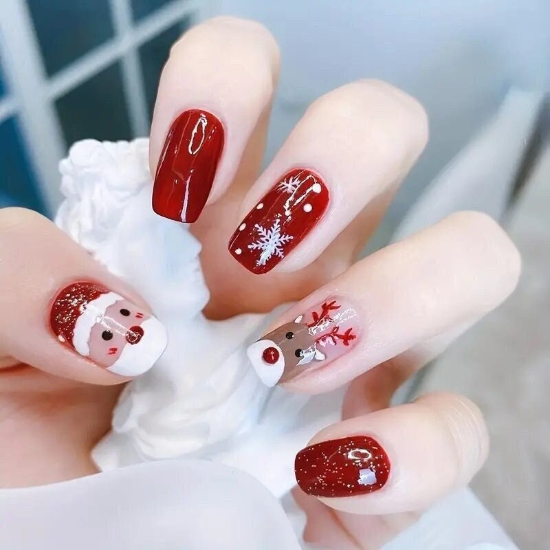 Christmas Press on Nails Cute Santa Design, Short Square Removable ...